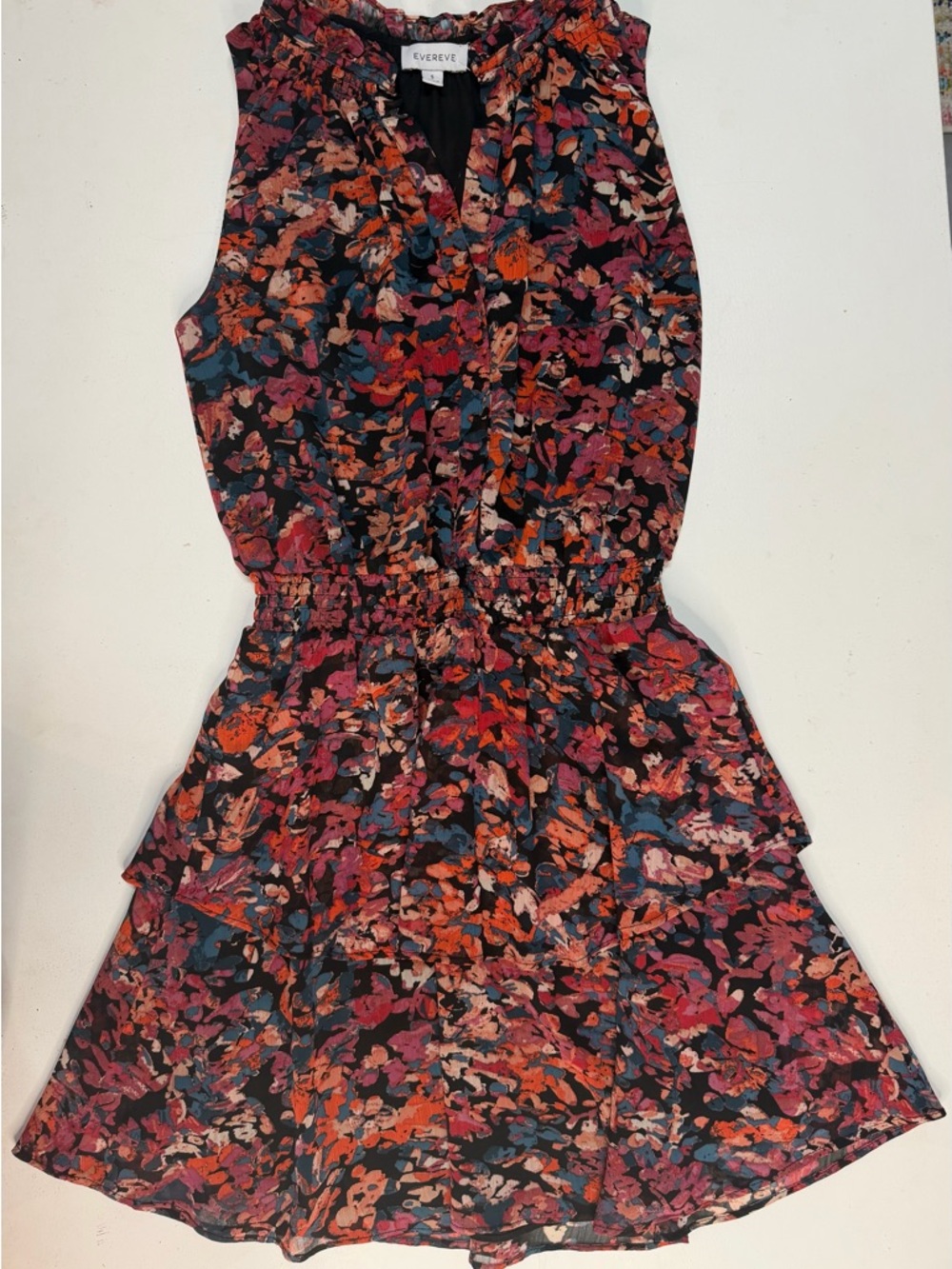 Evereve Black Floral Ruffle Waist Mini Dress